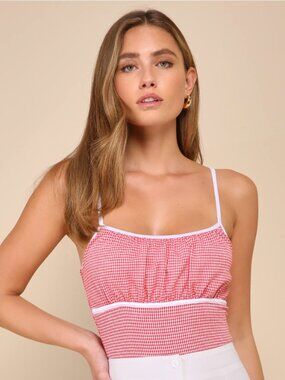 Certainly Precious Red and White Gingham Sleeveless Bodysuit Lulus